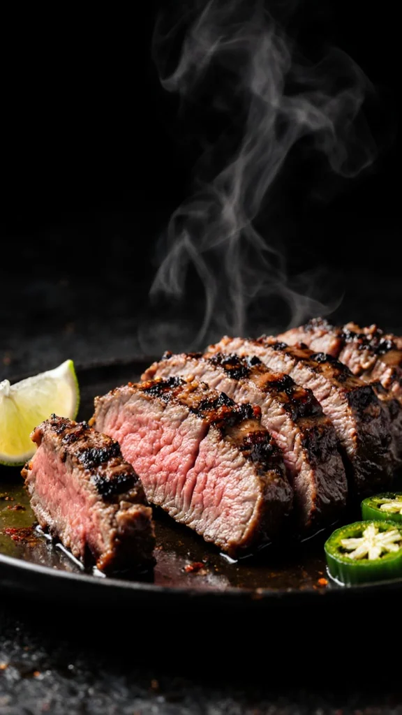 Arrachera de cerdo premium a la parrilla, corte jugoso con marcas de carbon