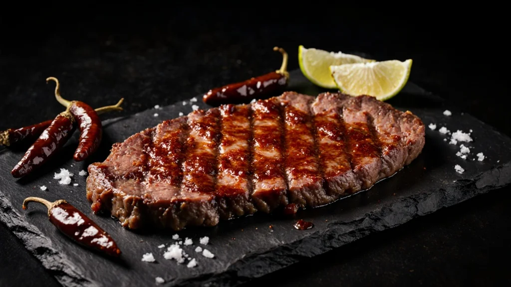 Arrachera de cerdo premium cruda sobre pizarra negra