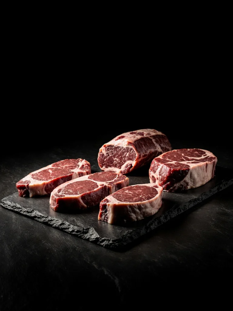 Cortes de carne crudos en exhibicion